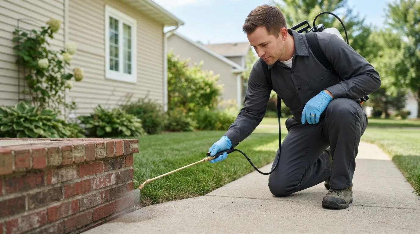 Pest control technician treating a home near Lewiston, MN